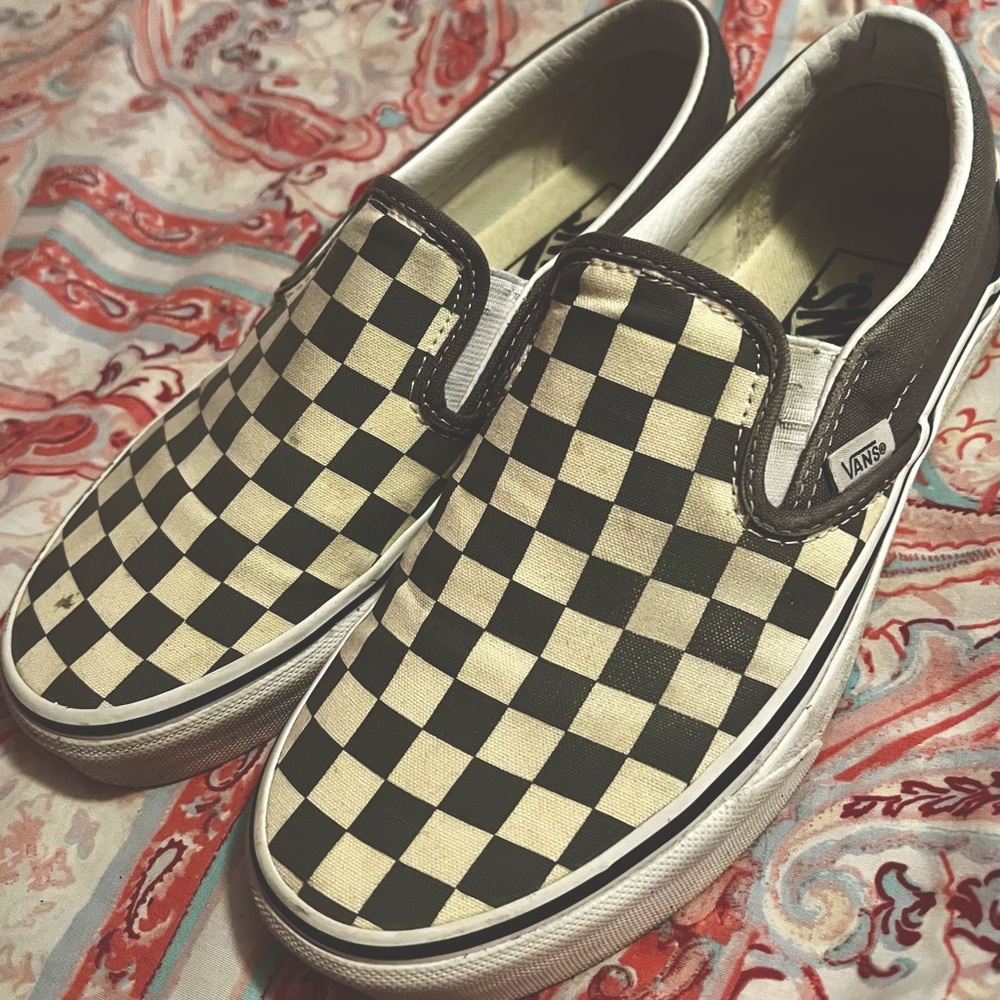 Gray checkered slip on vans lightly used size 7